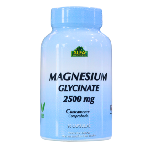 Frasco de suplemento de magnesio glicinato de 2500 mg, marca Alfa, que contiene 60 cápsulas. Este producto está clínicamente comprobado y es ideal para mejorar la salud muscular y el bienestar general. El magnesio glicinato es conocido por su alta biodisponibilidad y beneficios para la relajación y el sueño.