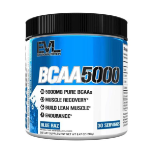 BCAA 5000 BLUE RAZ 240GR – EVL NUTRITION 18 Suplemento de BCAA 5000 de Evlution Nutrition, en sabor Blue Raz, que contiene 5000 mg de aminoácidos de cadena ramificada (BCAAs) por porción. Ideal para la recuperación muscular, la construcción de músculo magro y el aumento de la resistencia. Presenta 30 porciones en un envase de 240 g, diseñado para apoyar el rendimiento deportivo y mejorar los resultados en el entrenamiento.