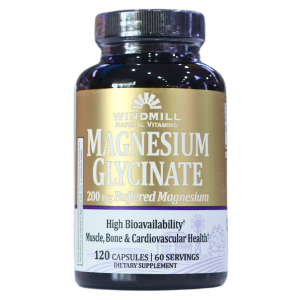 MAGNESIUM GLYCITANTE 120 CAPSULES – WINDMILL 2 Suplemento de magnesio glicinato Windmill, botella de 120 cápsulas. Cada cápsula contiene 200 mg de magnesio tamponado, diseñado para mejorar la salud muscular, ósea y cardiovascular. Alta biodisponibilidad para una mejor absorción. Ideal para quienes buscan un apoyo nutricional efectivo.