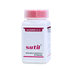SUTIL – GUSING E.U. 2 Frasco de medicamento homeopático Sutil, presentado en un envase blanco con tapa rosa. Contiene 30 cápsulas. Ideal para quienes buscan alternativas naturales en su tratamiento de salud.