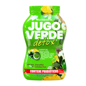 JUGO VERDE DETOX + PROBIOTICOS 600 MG – LA MILENARIA 20 Jugo Verde Detox de La Milagrosía en presentación de 500 ml, formulado con ingredientes naturales como polen, clorofila y Lactobacillus. Este jugo es ideal para desintoxicación y mejora de la salud digestiva. Contiene probióticos que favorecen el equilibrio intestinal. Perfecto para incluir en una dieta saludable y revitalizante.