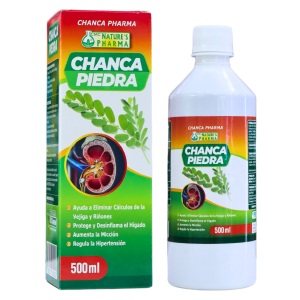 CHANCA PIEDRA 500 ML – NATURES PHARMA 16 Suplemento natural Chanca Piedra de Chanca Pharma, presentado en un envase de 500 ml. Este producto ayuda a eliminar cálculos de la vejiga y riñones, protege y desintoxica el hígado, aumenta la función renal y regula la hipertensión. Ideal para quienes buscan un apoyo natural en la salud urinaria y hepática.