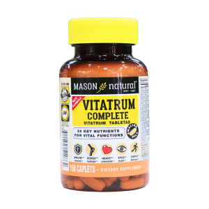 VITATRUM COMPLETE 150 TAB – MASON 12 Suplemento dietético Vitatrum Complete de Mason Natural, presentado en un frasco de 150 tabletas. Contiene 26 nutrientes esenciales que apoyan funciones vitales del cuerpo. Ideal para mantener una salud óptima y complementar la dieta diaria.