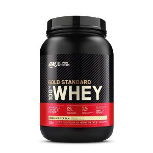 100% WHEY PROTEIN 2 LBS VAINILLA – OPTIMUM NUTRITION 16 Proteína en polvo Optimum Nutrition Gold Standard 100% Whey, envase negro con detalles en rojo. Cada porción contiene 24 gramos de proteína, 5.5 gramos de BCAA y está diseñada para apoyar el desarrollo muscular y la recuperación. Ideal para deportistas y personas activas que buscan mejorar su rendimiento físico.