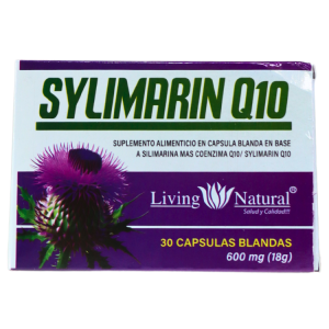 SYLIMARIN Q10 (30 SOFTGELS) – LIVING NATURAL 26 Suplemento Sylimarin Q10 de Living Natural en presentación de 30 cápsulas blandas, con 600 mg (18 g) por envase. Este producto combina silimarina y coenzima Q10, promoviendo la salud hepática y el bienestar general. Ideal para quienes buscan un apoyo natural en su dieta.