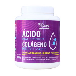 ÁCIDO HIALURONICO + COLÁGENO HIDROLIZADO 400 GR – ARIADNE ALIMENTOS 10 Suplemento de ácido hialurónico y colágeno hidrolizado de Abby's, presentado en un envase de 400 gramos. Contiene glucosamina, biotina y vitamina C, diseñado para mejorar la salud de la piel, articulaciones y cabello. Ideal para quienes buscan un complemento alimenticio que apoye la hidratación y elasticidad de la piel.