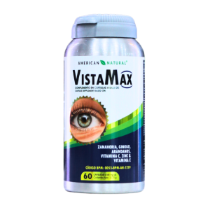 VISTA MAX 60 CÁPSULAS – AMERICAN NATURAL 6 Suplemento Vistamax de American Natural, en frasco de 60 cápsulas, diseñado para mejorar la salud visual. Contiene ingredientes como zanahoria, ginkgo, arándano, y vitaminas C y E, que favorecen el funcionamiento óptimo de los ojos. Ideal para quienes buscan mantener una buena visión y cuidar la salud ocular.