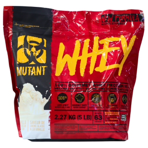 WHEY PROTEIN 5LB VAINILLA -MUTANT 2 Saco de proteína de suero Mutant Whey de 2.27 kg (5 lb), nueva fórmula. Contiene 100% proteína de suero de leche, ideal para aumentar la masa muscular y mejorar la recuperación. Sabor a vainilla, con 63 porciones por envase. Atractivo diseño en colores rojo y negro que destaca su calidad y efectividad. Perfecto para deportistas y entusiastas del fitness que buscan un suplemento confiable.