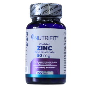 ZINC GLUCONATE 50 MG – NUTRIFIT 12 Frasco de suplemento de zinc gluconato chelatado de 50 mg de la marca Nutrifit, contiene 100 tabletas, diseñado para apoyar la salud del sistema inmunológico y como antioxidante de alta potencia.