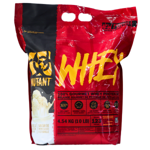 Bolsa de proteína de suero Mutant Whey Gourmet de 4.54 kg (10 lb) con sabor a vainilla, destacando su contenido nutricional y beneficios para el desarrollo muscular.
