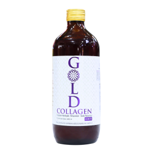 COLLAGEN GOLD 500 ML – GREEN LIFE 30 Botella de colágeno líquido Gold, un suplemento nutricional que promueve la salud de la piel, cabello y articulaciones. Presenta un diseño elegante con etiqueta blanca y detalles en morado, ideal para quienes buscan mejorar su bienestar.