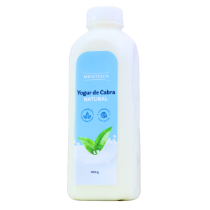 YOGUR DE CABRA NATURAL 1000 G – MONTESCA 4 Botella de yogur de cabra natural de la marca Montesca, con un contenido de 1 kg. El diseño de la etiqueta incluye elementos gráficos que destacan su origen natural y beneficios saludables. Ideal para quienes buscan alternativas lácteas nutritivas y sabrosas.