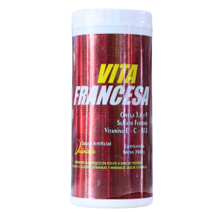 VITA FRANCESA 700GR VAINILLA – ECUAVITAL 10 Suplemento vitamínico Vita Francesa en envase de 700 gramos, enriquecido con Omega 3, 6 y 9, sulfatado ferroso y vitaminas A, C y B12. Ideal para mejorar la salud y el bienestar.