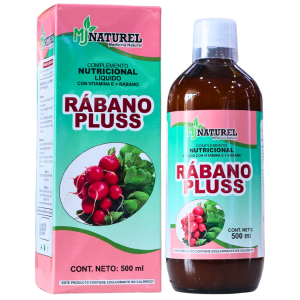 RABANO PLUSS 500 ML – MJ NATUREL 10 Complemento nutricional líquido Rábano Pluss de MJ Naturel, presentado en un frasco de 500 ml. Contiene vitamina E y extracto de rábano, diseñado para apoyar la salud y el bienestar. Ideal para quienes buscan un suplemento natural que potencie su nutrición diaria.