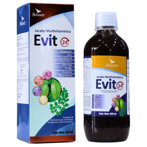EVIT MULTIVITAMINICO 500 ML – BOSSER 10 Jarabe multivitamínico Evit 24 de Bosser, presentado en un envase de 500 ml. Contiene una fórmula rica en minerales y vitaminas, incluyendo el complejo B, zinc, magnesio y ginseng. Ideal para complementar la dieta y fortalecer el sistema inmunológico. Su presentación líquida facilita la dosificación y el consumo.