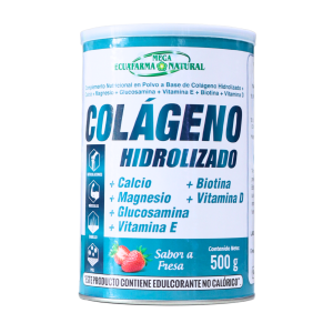 COLÁGENO HIDROLIZADO 500 GR FRESA – ECUAFARMA 18 Envase de colágeno hidrolizado de 500 gramos de la marca Mega Equifarma Natural. El producto incluye calcio, magnesio, biotina, vitamina D, glucosamina y vitamina E. Sabor a fresa y contiene edulcorante no calórico. Ideal para fortalecer piel, cabello y articulaciones, promoviendo la salud y el bienestar general.