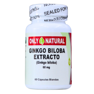GINKGO BILOBA 60 CÁPSULAS – ONLY NATURAL 6 Frasco de extracto de Ginkgo Biloba de la marca Only Natural, que contiene 60 cápsulas blandas de 60 mg cada una. Este suplemento es conocido por sus beneficios potenciales en la salud cognitiva y la circulación. Ideal para quienes buscan mejorar su memoria y concentración de manera natural.