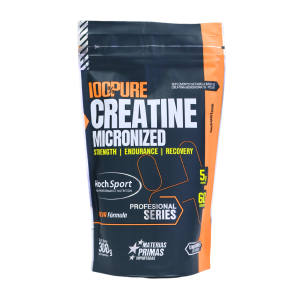 100% PURE CREATINE MICRONIZED 300GR – HOCH SPORT 22 Paquete de creatina micronizada de 300 g de la marca HochSport, diseñado para mejorar la fuerza, resistencia y recuperación en deportistas. Presenta un diseño atractivo en tonos negro y naranja, destacando su fórmula profesional.
