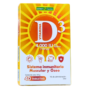 VITAMINA D3 4000 IU (40 TABLETAS) – NATURES GARDEN 24 Suplemento de Vitamina D3 de Nature's Garden, que proporciona 4,000 IU (100 µg) por tableta. Este producto está diseñado para apoyar el sistema inmunitario, así como la salud muscular y ósea. Contiene 40 tabletas en un envase que resalta su beneficio esencial para el bienestar general. Indicado para la administración oral. Ideal para quienes buscan fortalecer su salud de manera natural.