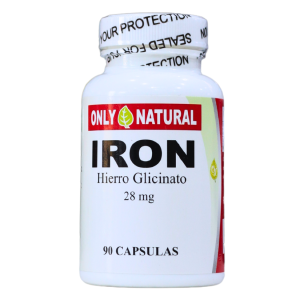IRON (HIERRO GLICINATO 28GR) 90 CÁPSULAS – ONLY NATURAL 10 Suplemento de hierro glicinato de 28 mg en cápsulas, presentado en un frasco de 90 unidades. Este producto de Only Natural está diseñado para apoyar la salud y prevenir deficiencias de hierro. Ideal para quienes buscan una fuente natural y efectiva de hierro, contribuyendo al bienestar general.