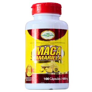 MACA AMARILLA 100 CÁPSULAS – ECUAFARMA 4 Botella de cápsulas de maca amarilla, un suplemento natural de 450 mg por cápsula, que contiene 100 unidades. Este producto es conocido por sus beneficios energizantes y adaptógenos, ideal para mejorar la vitalidad y el rendimiento físico. La maca amarilla es apreciada por sus propiedades nutricionales y se utiliza comúnmente para aumentar la energía y equilibrar el estado de ánimo.