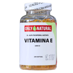 VITAMINA E 1000 I.U. (100 SOFTGEL) – ONLY NATURAL 12 Botella de vitamina E de 1000 UI, que contiene 100 cápsulas blandas. Producto de la marca Only Natural, elaborado con DL-alfa tocoferol acetato, conocido por sus propiedades antioxidantes y beneficios para la piel y el sistema inmunológico. Ideal para quienes buscan complementar su dieta con un suplemento natural.