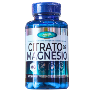 CITRATO DE MAGNESIO 60 CÁPSULAS – ECUAFARMA 20 Frasco de Citrato de Magnesio con 60 cápsulas. Suplemento nutricional que ayuda a mantener la salud muscular y ósea. Ideal para quienes buscan mejorar su bienestar general y apoyar funciones metabólicas. Envase azul con etiqueta informativa y detalles sobre la dosificación.