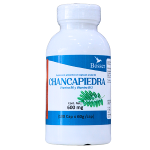 CHANCAPIEDRA 600 MG (100 CÁPSULAS) – BOSSER 8 Suplemento alimenticio Chancapiedra de Bosser, que contiene vitaminas B6 y B12. Presentado en un frasco de 100 cápsulas de 600 mg cada una. Ideal para apoyar la salud y el bienestar general.