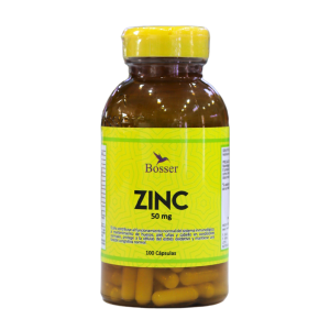 ZINC 50MG – BOSSER 14 Frasco de cápsulas de Zinc Bosser de 50 mg, contiene 100 cápsulas amarillas, diseñado para fortalecer el sistema inmunológico y mejorar la salud general.