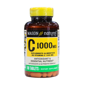 VITAMIN C 1000MG – MASON 30 Suplemento de vitamina C 1000 mg de Mason Natural, presentado en un frasco de 100 tabletas. Este producto es un antioxidante y nutriente esencial que ayuda a fortalecer el sistema inmunológico y promueve la salud general. Ideal para quienes buscan un refuerzo vitamínico diario.
