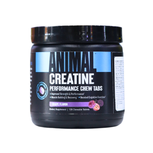 ANIMAL CREATINE 120 TABLETAS MASTICABLES – ANIMAL 16 Suplemento de creatina Animal en tabletas masticables de sabor uva. Mejora la fuerza y el rendimiento deportivo, favorece el desarrollo muscular y apoya las funciones cognitivas. Envase de 120 tabletas. Ideal para atletas y entusiastas del fitness que buscan optimizar su rendimiento.