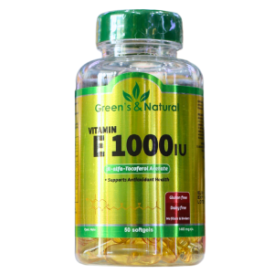 VITAMIN E 1000 IU (50 SOFTGELS) – GREENS & NATURAL 32 Frasco de vitaminas E 1000 IU de Green's & Natural, con 50 cápsulas blandas. Promueve la salud antioxidante y es libre de gluten.
