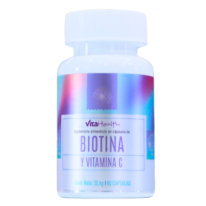 BIOTINA 60 CÁPSULAS – VITAHEALTH 24 Suplemento alimenticio de biotina y vitamina C en cápsulas de VitaHealth, presentado en un envase de 60 cápsulas. Esta fórmula está diseñada para fortalecer el cabello, las uñas y la piel, proporcionando beneficios antioxidantes y mejorando la salud general. Ideal para quienes buscan un aporte adicional de nutrientes esenciales.
