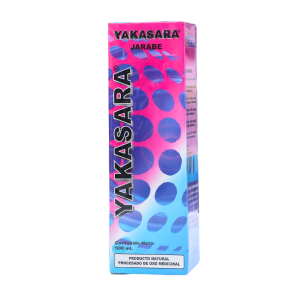 Envase de jarabe Yakasara de 500 ml, con diseño colorido y moderno, indicado para uso natural y medicinal.