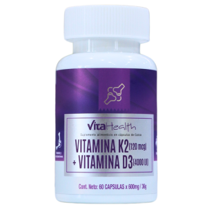 VITAMINA K2 + VITAMINA D3 60 CÁPSULAS – VITAHEALTH 20 Suplemento vitamínico Vitahealth que combina Vitamina K2 (120 mcg) y Vitamina D3 (4000 UI) en cápsulas. El envase contiene 60 cápsulas de 600 mg cada una. Ideal para fortalecer huesos y mejorar la salud cardiovascular.