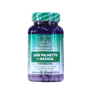 SAW PALMETTO + MASHUA 60 CÁPSULAS – BIO BOTANICA 20 Frasco de suplemento dietético que contiene Saw Palmetto y Mashua, con zinc. Este producto está diseñado para contribuir a la fertilidad y reproducción normales. Contiene 30 cápsulas de 450 mg cada una, ideal para quienes buscan mejorar su salud reproductiva de manera natural.