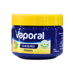 VAPORAL CASERO 60 GR POMADA 10 Pomada Vaporal Casero de 60g, envase azul con tapa amarilla, ideal para proporcionar alivio en casos de congestión nasal y malestares respiratorios. Su fórmula contiene ingredientes naturales que ayudan a descongestionar y calmar la tos. Perfecta para el uso familiar, especialmente en épocas de resfriados.