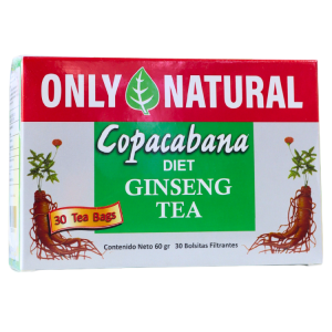 COPACABANA 30 BOLSITAS – ONLY NATURAL 12 Caja de té de ginseng Copacabana Diet de la marca Only Natural. Contiene 30 bolsitas filtrantes con un peso neto de 60 gramos. Este té está diseñado para apoyar una dieta saludable y mejorar el bienestar general. Ideal para quienes buscan una bebida natural con propiedades energizantes y revitalizantes.