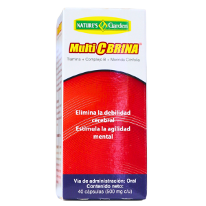 MULTI C BRINA 40 CÁPSULAS – NATURES GARDEN 16 Suplemento nutricional Multi CBRINA de Nature's Garden, formulado con tiamina, complejo B y moringa citrífera. Este producto está diseñado para eliminar la debilidad cerebral y estimular la agilidad mental. Presentado en un envase que contiene 40 cápsulas de 500 mg cada una, ideal para la administración oral. Aporta beneficios para la salud cognitiva y el bienestar general.