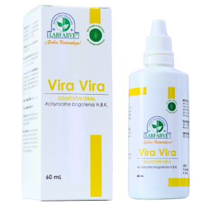 VIRA VIRA 60 ML – LABFARVE 14 Imagen del producto Vira Vira de Labfarve, solución oral de 60 ml. Este suplemento natural, elaborado a base de Achyrocline bogotensis, está diseñado para fortalecer el sistema inmunológico y mejorar la salud general. Ideal para quienes buscan alternativas naturales para el bienestar. La presentación incluye un envase con gotero para facilitar su uso.