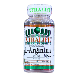 L ARGININA 750 MG (60 CÁPSULAS) – XTRALIFE 20 Frasco de suplemento dietético Xtralife que contiene L-Arginina en cápsulas de 750 mg. El envase incluye 60 cápsulas y está diseñado para mejorar el rendimiento físico y la salud cardiovascular. Ideal para personas que buscan un apoyo en su entrenamiento y bienestar general.