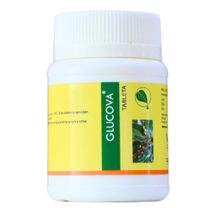 Envase de Glucova, un suplemento en tabletas diseñado para apoyar el control de la glucosa en sangre. El frasco es de color blanco con una etiqueta amarilla que incluye el nombre del producto y una imagen de ingredientes naturales. Ideal para personas que buscan mantener niveles saludables de azúcar en la sangre. Contiene componentes naturales que promueven el bienestar general.
