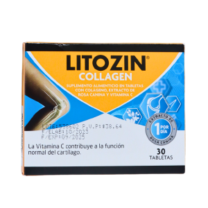 LITOZIN COLLAGEN 30 TABLETAS 14 Litozin Collagen es un suplemento alimenticio en tabletas que contiene colágeno, extracto de rosa canina y vitamina C. Este producto está diseñado para apoyar la salud de las articulaciones y contribuir a la función normal del cartílago. Cada caja contiene 30 tabletas, recomendadas para una ingesta diaria de una tableta. Ideal para quienes buscan mejorar su bienestar articular y fortalecer su sistema óseo.