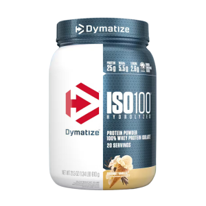 ISO 100 HYDROLYZED VAINILLA 1.34LB – DYMATIZE 10 Proteína en polvo ISO100 de Dymatize, sabor vainilla, con 25 g de proteína por porción. Contiene 20 servicios por envase, ideal para la recuperación muscular y el aumento de masa magra. Formulación de proteína de suero 100% hidrolizada, baja en carbohidratos y grasas, adecuada para dietas de fitness y bodybuilding.