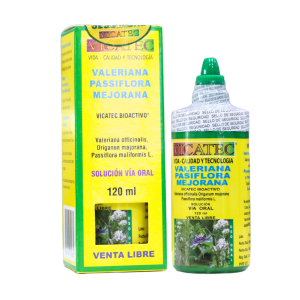 VALERIANA 3 EN 1 120 ML – VICATEC 4 Frasco de solución oral de 120 ml de Valeriana, Pasiflora y Mejorana de Vicatec. Este producto natural está diseñado para promover la relajación y el bienestar, combinando ingredientes herbales conocidos por sus propiedades calmantes. Ideal para personas que buscan una alternativa natural para reducir el estrés y mejorar la calidad del sueño. Disponible sin receta médica.