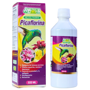 PICAFLORINA 500 ML – NATURES PHARMA 4 Imagen del producto Picaflorina de Melviss Pharma, un suplemento de 500 ml diseñado para relajar el sistema nervioso, eliminar angustias, nervios y estrés. También ayuda a controlar la ansiedad y el insomnio, y posee propiedades antidepresivas. La botella presenta un diseño atractivo con un colibrí y flores, destacando sus ingredientes naturales y beneficios para la salud mental. Ideal para quienes buscan un enfoque natural para mejorar su bienestar emocional.