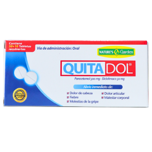QUITADOL 60 TABLETAS – NATURES GARDEN 30 Caja de QuitaDol de Nature's Garden, un analgésico que contiene paracetamol 500 mg y dipirona 50 mg. Indicado para el alivio inmediato de dolores de cabeza, dolor articular, fiebre, molestias de la gripe y malestar corporal. Presentación de 10 tabletas recubiertas, administrado por vía oral. Ideal para quienes buscan una solución rápida y efectiva para el dolor y el malestar.