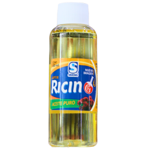Botella de aceite de ricino de 120 ml, producto puro y natural, ideal para el cuidado de la piel y el cabello. Presenta un diseño moderno con etiqueta colorida que destaca sus beneficios. Perfecto para uso cosmético y medicinal.
