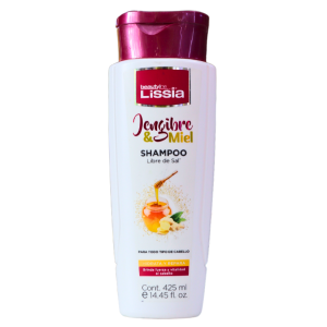 SHAMPOO JENGIBRE Y MIEL 425 ML SIN SAL – LISSIA 6 Shampoo de jengibre y miel de la marca Lissia, envase de 425 ml. Producto libre de sal, diseñado para el cuidado del cabello. Ideal para fortalecer y nutrir el pelo, mejorando su brillo y suavidad.