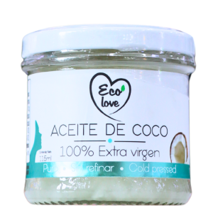 ACEITE DE COCO 115 ML – ECO LOVE 20 Frasco de aceite de coco 100% extra virgen de la marca Eco Love. El producto está envasado en un tarro de vidrio de 115 ml, con una etiqueta que destaca su pureza y proceso de extracción en frío. Ideal para cocinar, hidratar la piel y el cabello, este aceite de coco es una opción saludable y versátil en la cocina y el cuidado personal.